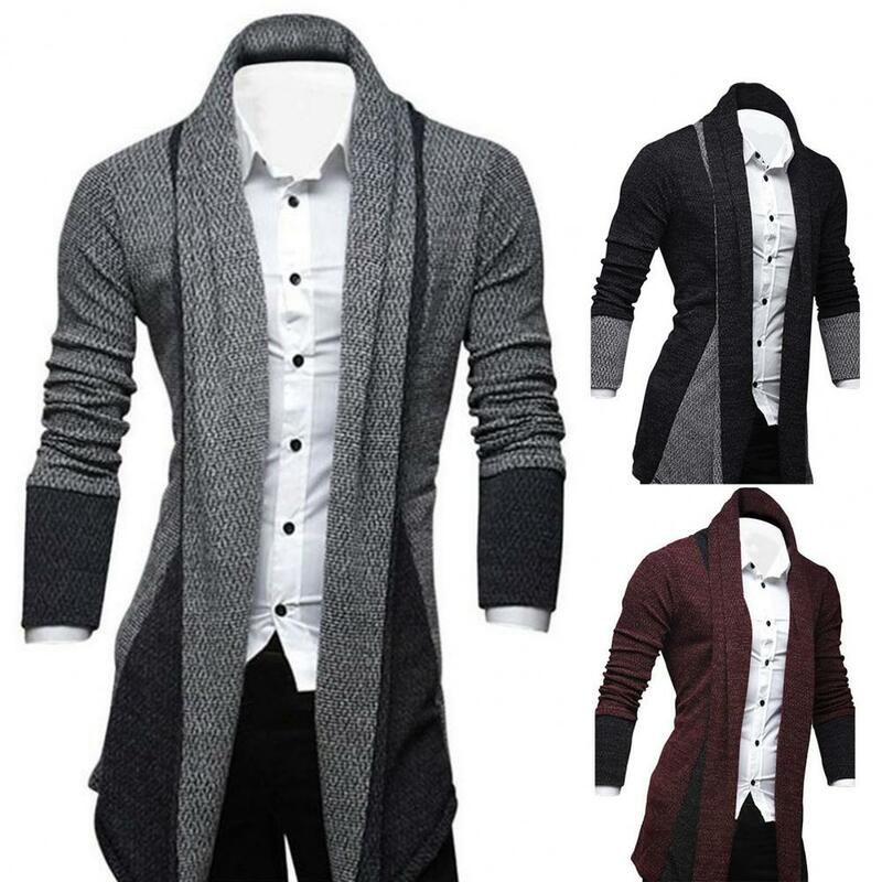 남성용 패치워크 스탠드 칼라 스웨터 코트, 시크한 중간 길이 따뜻한 슬림 가디건, 피부 친화적인 아우터