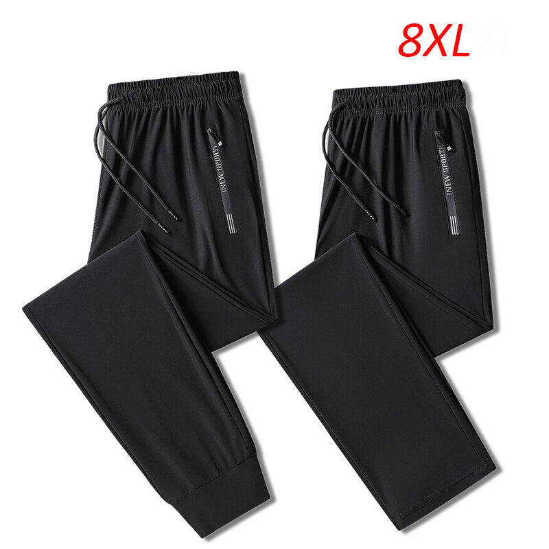 Celana panjang regang kasual untuk pria, celana panjang modis kasual elastis ukuran besar 7XL 8XL cepat kering warna hitam abu-abu, celana olahraga musim panas keren