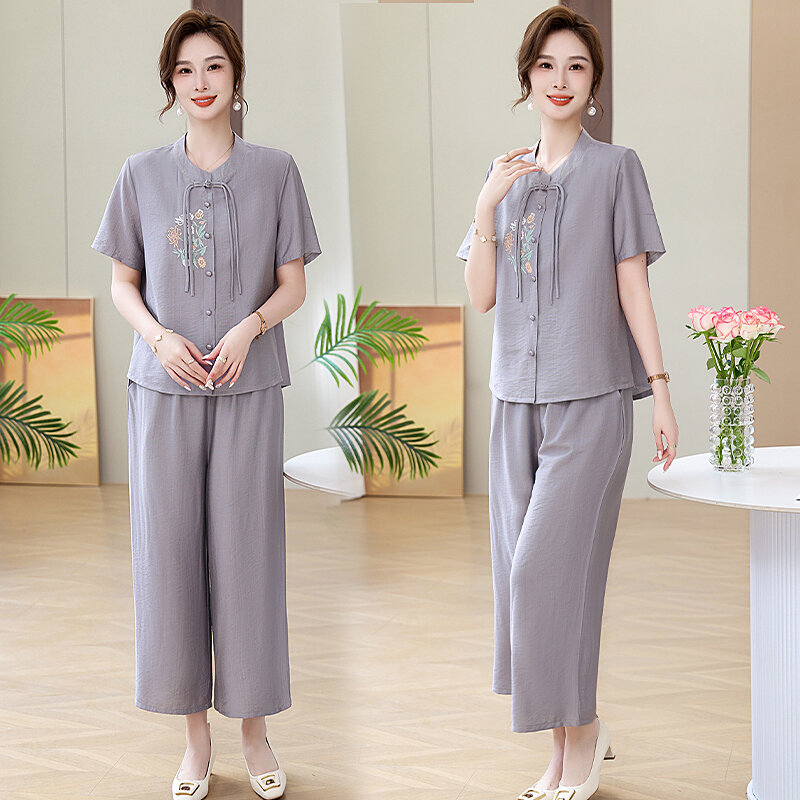 Винтажная Повседневная вышитая рубашка Qipao с коротким рукавом, женские комплекты из двух предметов, летние свободные широкие брюки, комплекты женской одежды