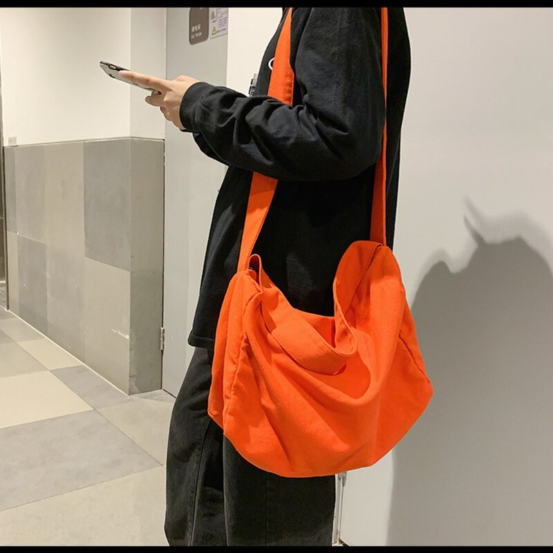 Tas selempang dicuci modis warna Solid kapasitas besar tas bahu tunggal tas tangan kanvas siswa