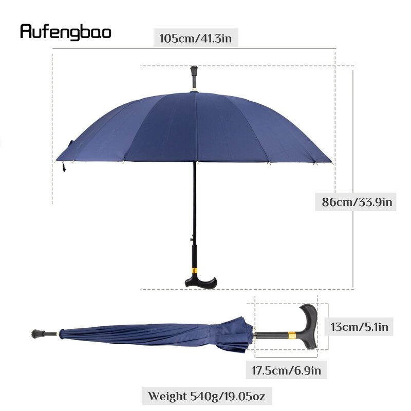 Ombrello di canna antivento automatico blu, ombrello ingrandito con manico lungo sia per i giorni di sole che di pioggia bastone da passeggio Crosier 86cm