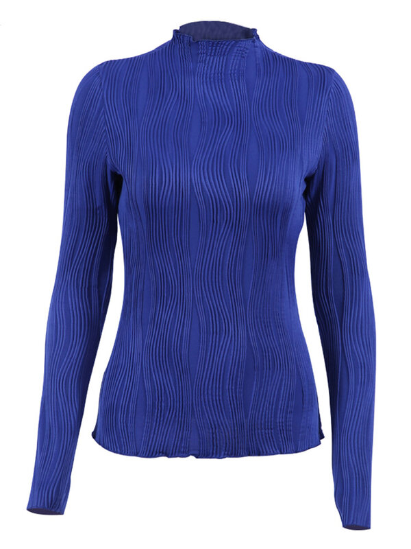 Женская Повседневная футболка со складками, синяя облегающая футболка с высоким воротником и длинным рукавом, уличная одежда для зимы
