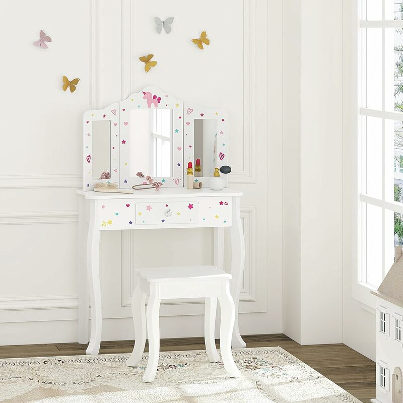Pretend Play Kids Vanity Table and Chair Vanity Set with Mirror Makeup Dressing Table with Drawer, Play Vanity Set