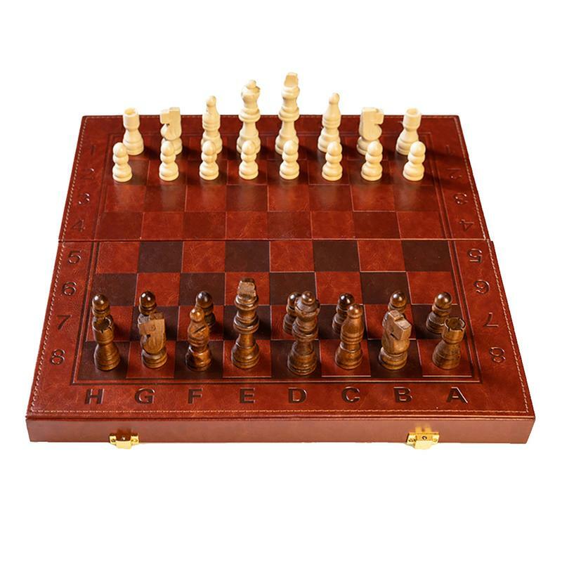 Set di scacchiere in legno scatola in pelle di legno scacchiera Non magnetica pieghevole versione Standard portatile gioco da tavolo divertimento all'aperto bambini