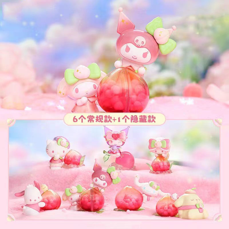 Sanrio Vitality Peach Paradise Series Model Cartoon Hello Kitty Cinnamoroll Kuromi Collection Action Figure Car Desktop Ornament