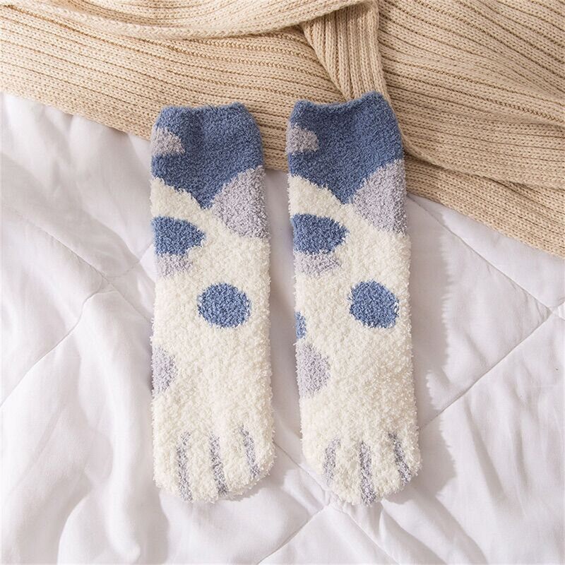 Womens Fashion Cats Paw Stripe Coral Fleece Floor Socks Cute Funny Thick Girls Cartoon Animal Kawaii Fingers Toe Sock Hosiery
