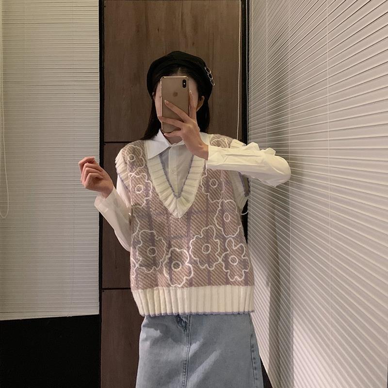 Flowers Knit Vest Women Solid Short Loose Harajuku Korean Style Sleeveless Knitted V-Neck Sweater All-match Kawaii Outwear Tops