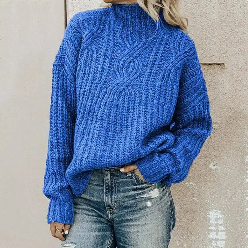 Sweater rajut leher tinggi wanita, atasan jumper hangat tebal elegan polos Pullover lengan panjang rajut adonan goreng musim dingin dan musim gugur