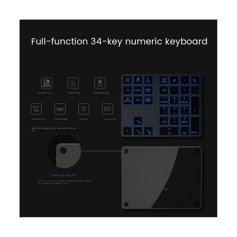 الخلفية بلوتوث لوحة المفاتيح الرقمية ، RGB قابلة للشحن ، 34 مفاتيح ، لوحة مفاتيح رقمية الألومنيوم للكمبيوتر ، كمبيوتر محمول