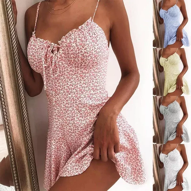 2023 kobiet letni Spaghetti z kwiatowym z nadrukiem krawatów z przodu Mini sukienka seksowna sukienka w stylu plażowym nowa, dopasowana spódnica w kwiaty