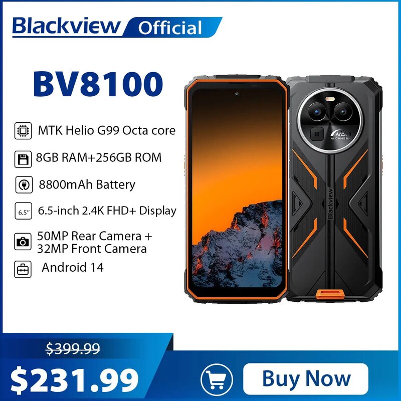 Blackview BV8100 Rugged Smartphone Helio G99 6.5" 2.4K FHD+ 120Hz 24(8+16)GB RAM 256GB Mobile Phone 50MP 8800mAh 45W Android 14