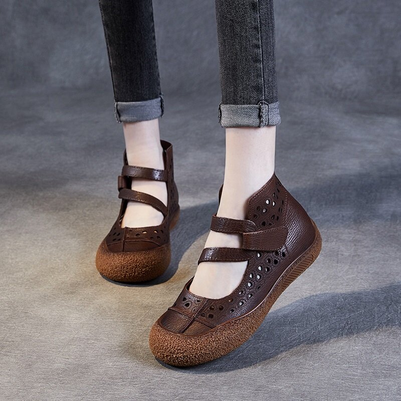 حذاء برقبة Drkanol من الجلد الأصلي للكاحل مع إصبع دائري للنساء ، حذاء برقبة كاحل قابل للتنفس ومسطح مع إصبع دائري ، تصميم فاخر ، حذاء صيفي ،