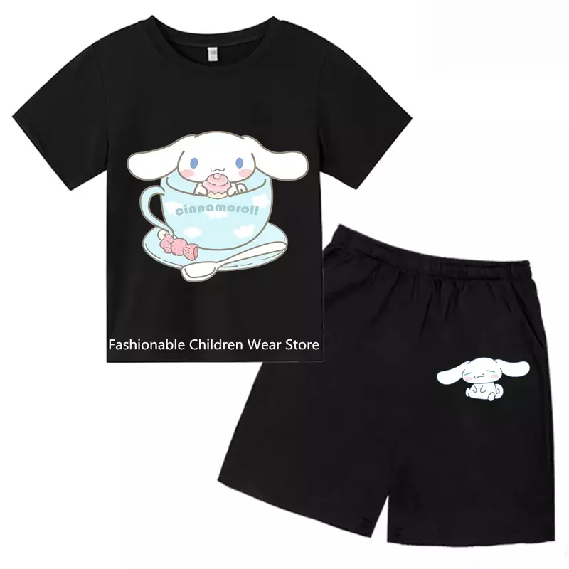 Kaus anak-anak setelan lengan pendek Print lucu 2024 Cinnamoroll pakaian nyaman untuk anak laki-laki anak perempuan pakaian luar santai musim panas