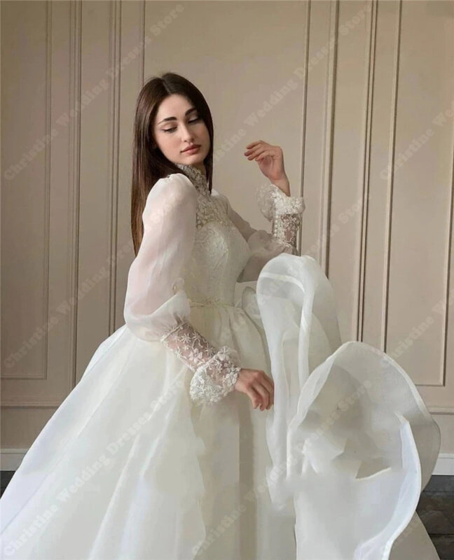 Свадебные платья-трапеции с длинным пушистым рукавом, платья с высоким воротником, а-силуэт, оригинальная Банкетная большая юбка, кружевной вышитый подол в стиле бохо для невесты