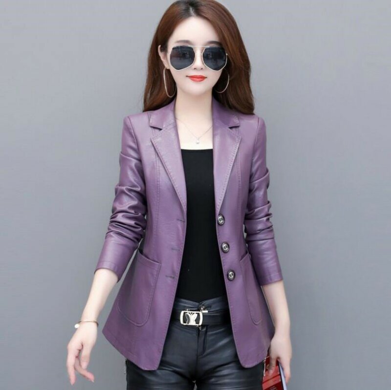 Spring Genuine Leather Jacket Women Korean Fashion Slim Sheepskin Coat Black Red Real Leather jackets ladies Casual Blazer femme
