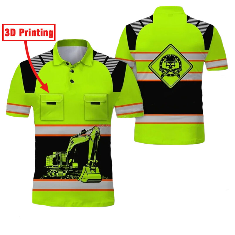 Project Work Uniforms Excavator 3D Printed Oversized Men‘s Polo Shirt Short Sleeve Top Tee Breathable Uniform Workwear Safety