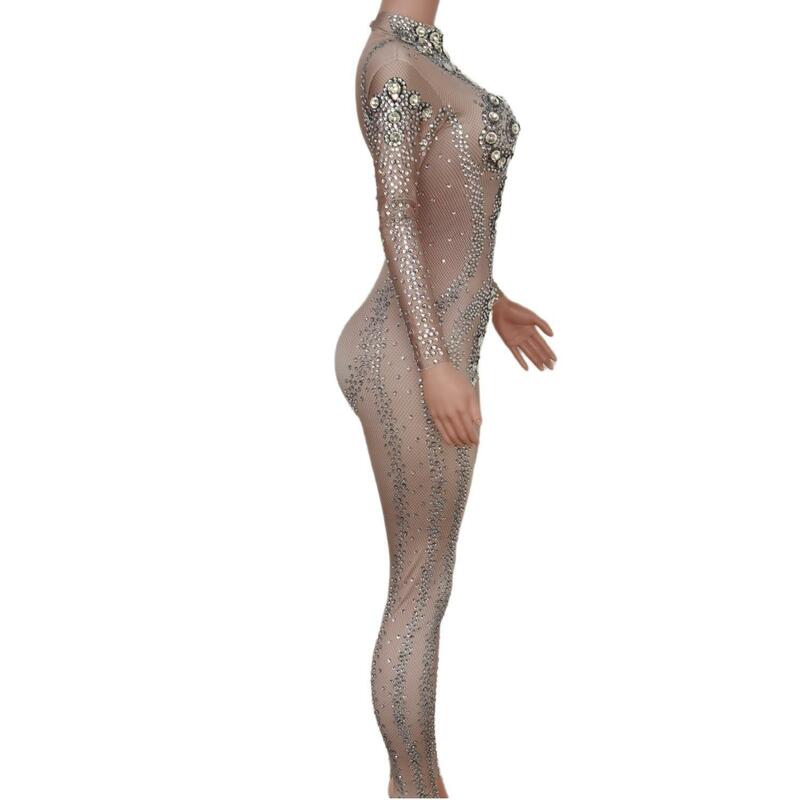 Sparkly Glas Stenen Parel Jumpsuit Sexy Skinny Steentjes Bodysuit Lady Dj Bar Zanger Catwalk Party Stage Kostuum X1903012