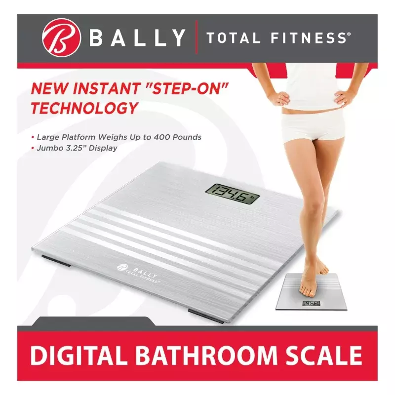 Skala kamar mandi Digital Bally Total Fitness-kaca, kapasitas 400lb, layar LCD Digital besar-Perak