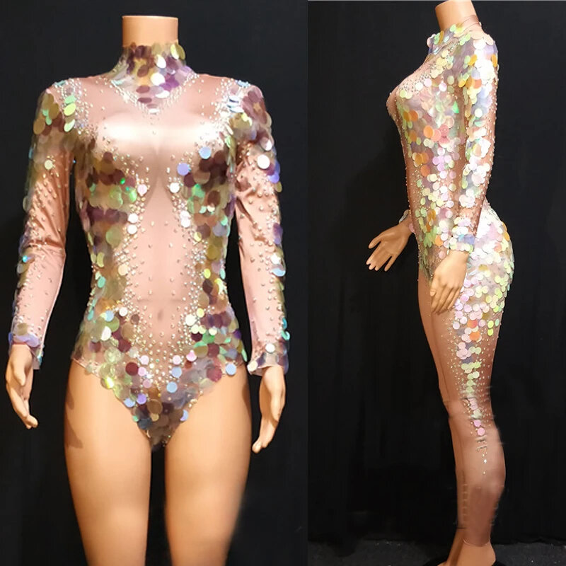 Sexy Jumpsuit Diamond Sequin Stitching Bodysuit Stage Outfit DJ Nightclub Fake Mermaid Jazz Dance Clothing Stage Outfit Custome