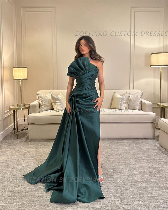 Vintage Green Long Formal Event Prom Dresses Satin Beach Dubai Evening Gown for Wedding Arabic Celebrity Party robe de soirée