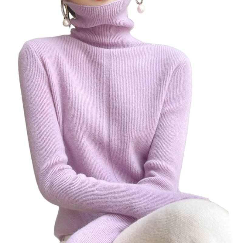 50JB Стильный вязаный свитер с ворсовым воротником для женщин, однотонные пуловеры с длинными рукавами