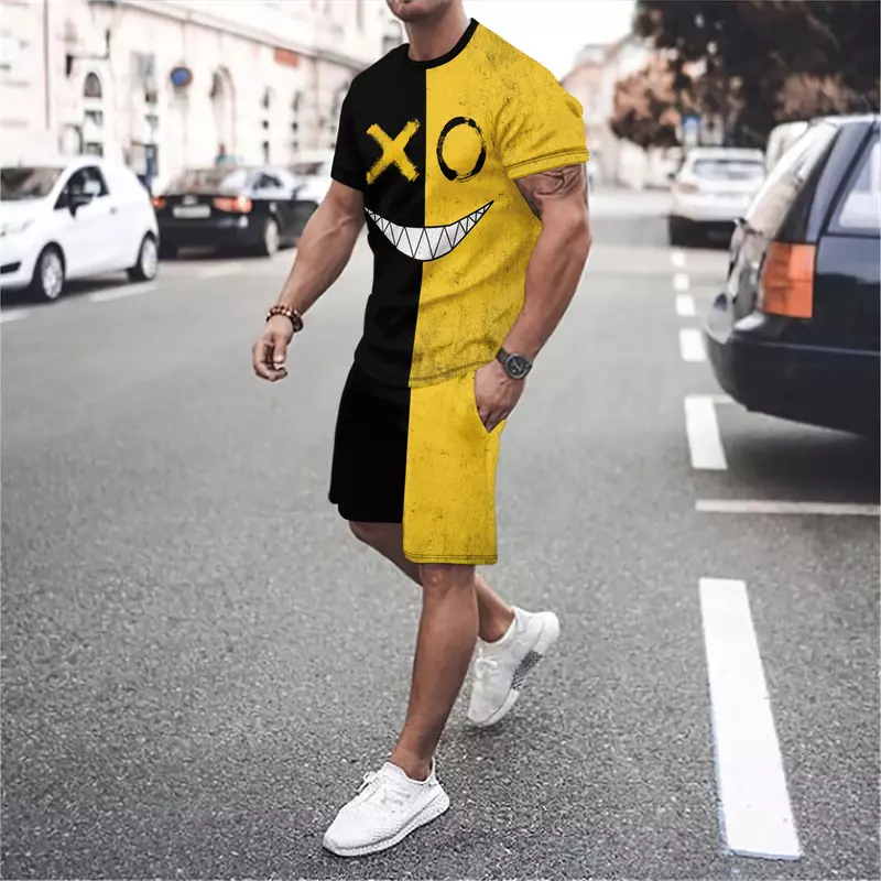Monograma Smiley 3D masculino impresso camiseta de manga curta e shorts, roupa esportiva de basquete, gola redonda