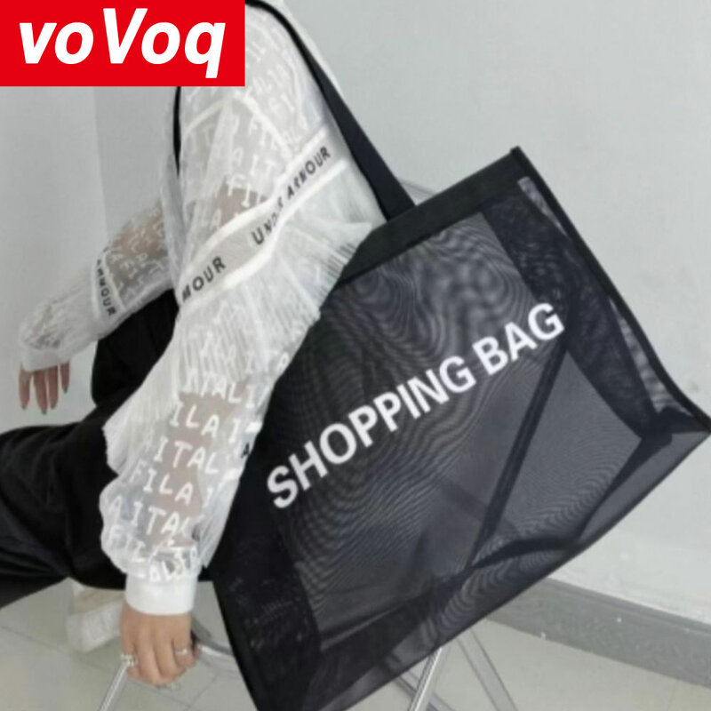 Schwarz Transparent Mesh Einkaufstasche Große Kapazität Nylon Mall Strand Fitness Yoga Schulter Tasche für Frauen Organizer