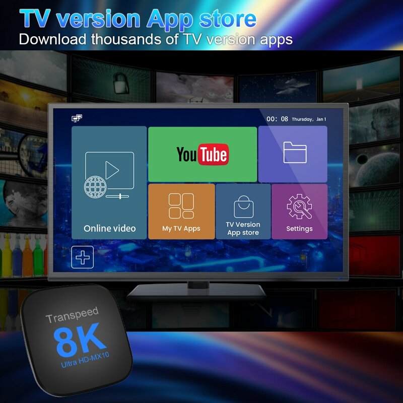 Transpeed Android 13 TV Box ATV Wifi duplo com TV Apps 8K Vídeo BT5.0 + RK3528 4K 3D Voice Media Player Set Top Box