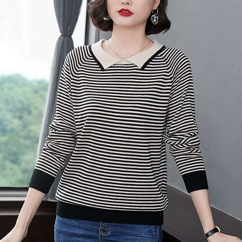 Fashion Lapel Spliced Knitted Striped Sweaters Women's Clothing 2022 Autumn New Oversized Casual Pullovers Loose Commute Tops