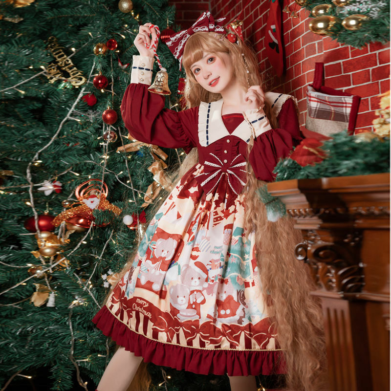 Natale Lolita Dress Cartoon Kawaii Women capodanno dolce vita alta Ruffle Puff manica lunga Red Princess Party Dress
