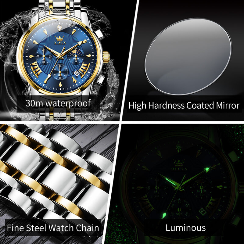 OLEVS 남성용 스테인리스 스틸 스트랩 쿼츠 시계 달력, 빛나는 방수, 문페이즈, 남성 손목시계, 정품 럭셔리 브랜드