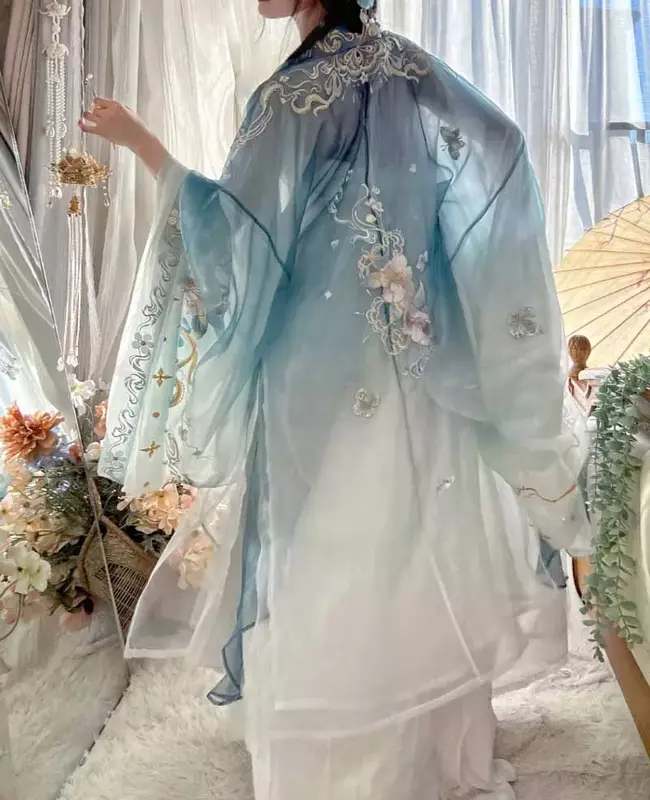 Женское традиционное платье Hanfu с вышивкой в стиле древнего китайского традиционного ханьфу, женская модель, летнее синее платье Hanfu для женщин