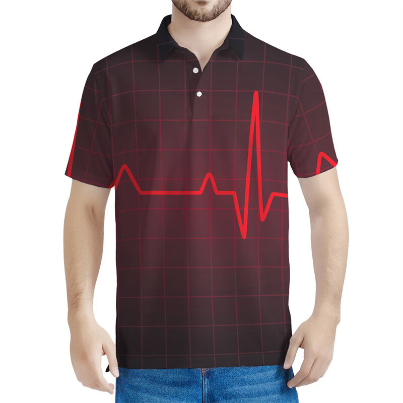 Kaus Polo longgar lengan pendek untuk pria, kemeja POLO longgar jalanan kasual lengan pendek motif elektrokardiogram, kaus Polo motif 3D detak jantung modis untuk pria