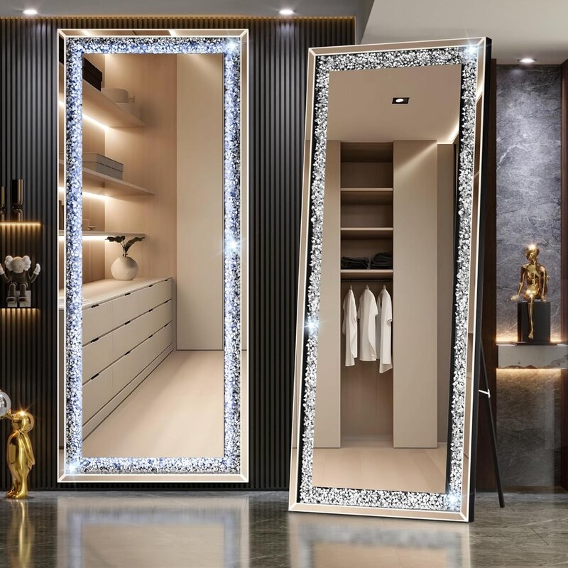 Espejo de longitud completa de 69x26 pulgadas con luz, espejo de diamante colgante montado en la pared, oblicuo