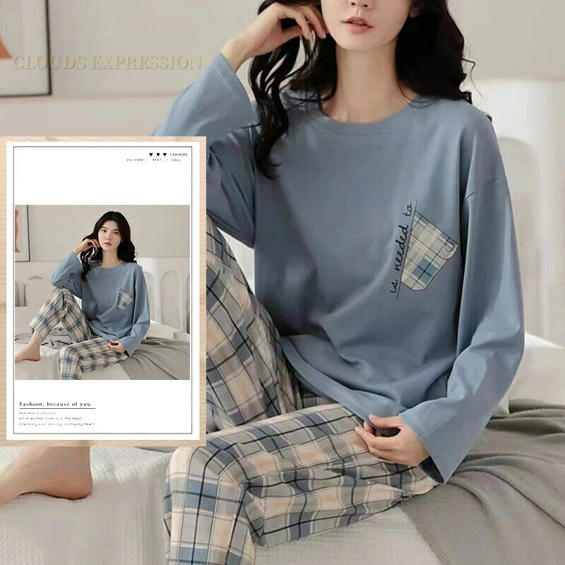 Pijama feminino de poliéster, manga comprida, roupa de dormir xadrez, conjuntos simples, pijama casual solto, tamanho grande, 5XL, primavera, outono