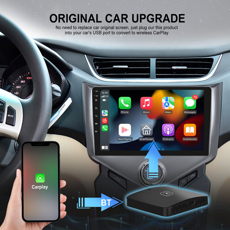 Podofo Wired to Wireless Carplay Ai Box for Universal Toyota Mazda Nissan Camry Suzuki Subaru Audi Mercedes Kia Ford Opel