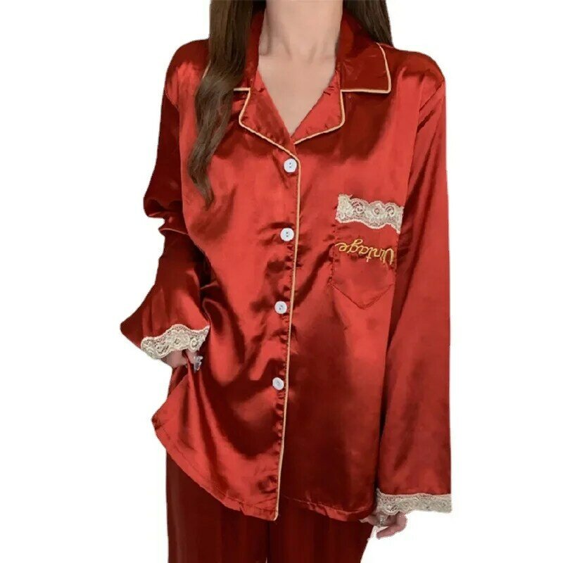 Женские пижамные комплекты весна-осень с длинным рукавом из вискозы тонкий кружевной кардиган брюки домашнее обслуживание одежда Пижама для женщин