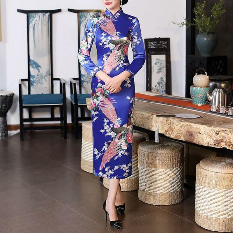 Semi-stand-up Collar Cheongsam Elegant Chinese National Style Floral Print Dress with Stand for Summer