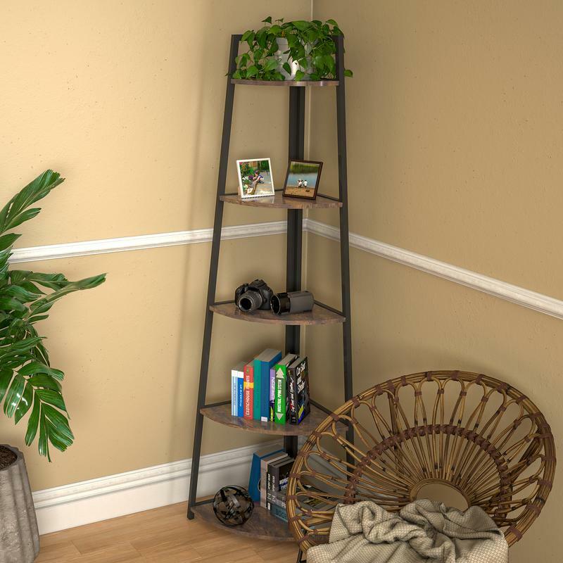 Shelf, 5 Tier Corner Bookshelfsplay Organizer  ShelvShelf for Living Room, Home Office, Small Space, Rustic Brown