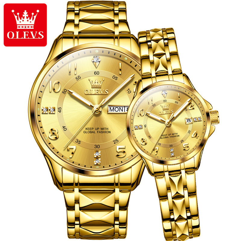 OLEVS 남녀공용 클래식 쿼츠 커플 시계, 방수 스테인리스 스틸 핸드 시계, 다이아몬드 숫자 다이얼 시계, 2910 신상