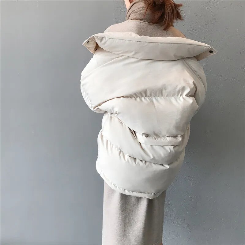 Jaqueta monocromática de algodão para mulheres, gola alta, casaco curto, parka bolha de um só peito, moda feminina, inverno