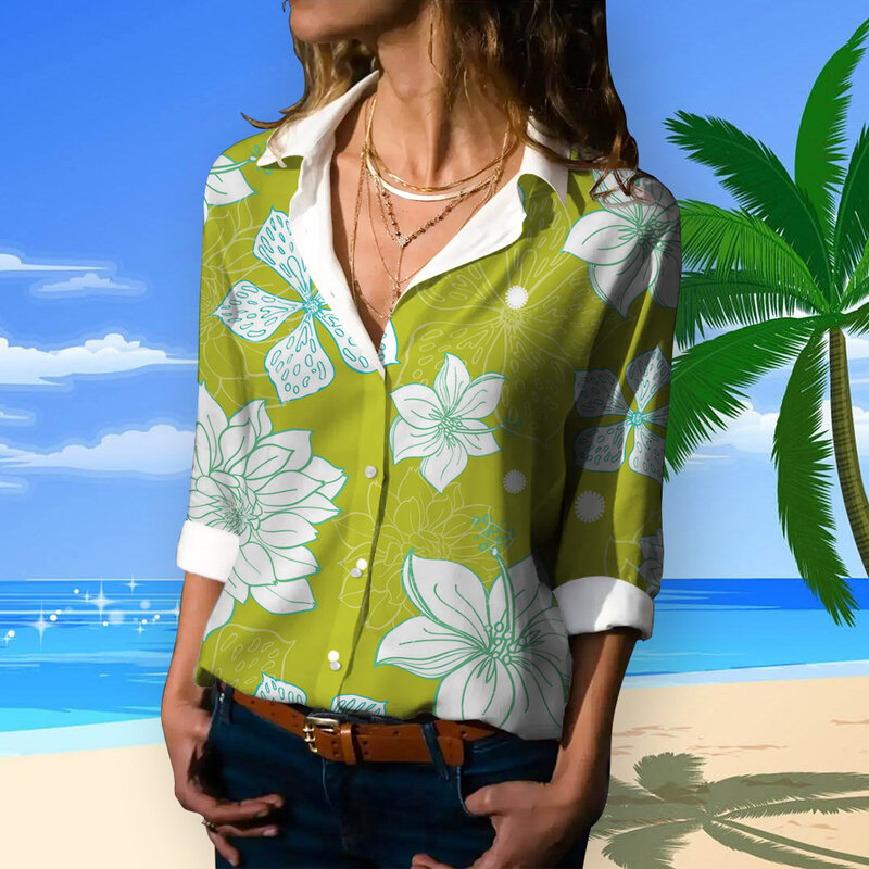 Camisas de praia de manga longa feminina, camisa havaiana vintage, camisa casual, estilo retrô, botão Harajuku, lazer, verão