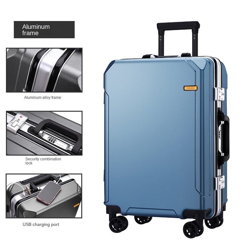 26 pollici moda popolare rotolamento bagagli marca valigia uomo telaio in alluminio valigia da viaggio donna bagaglio cerniera