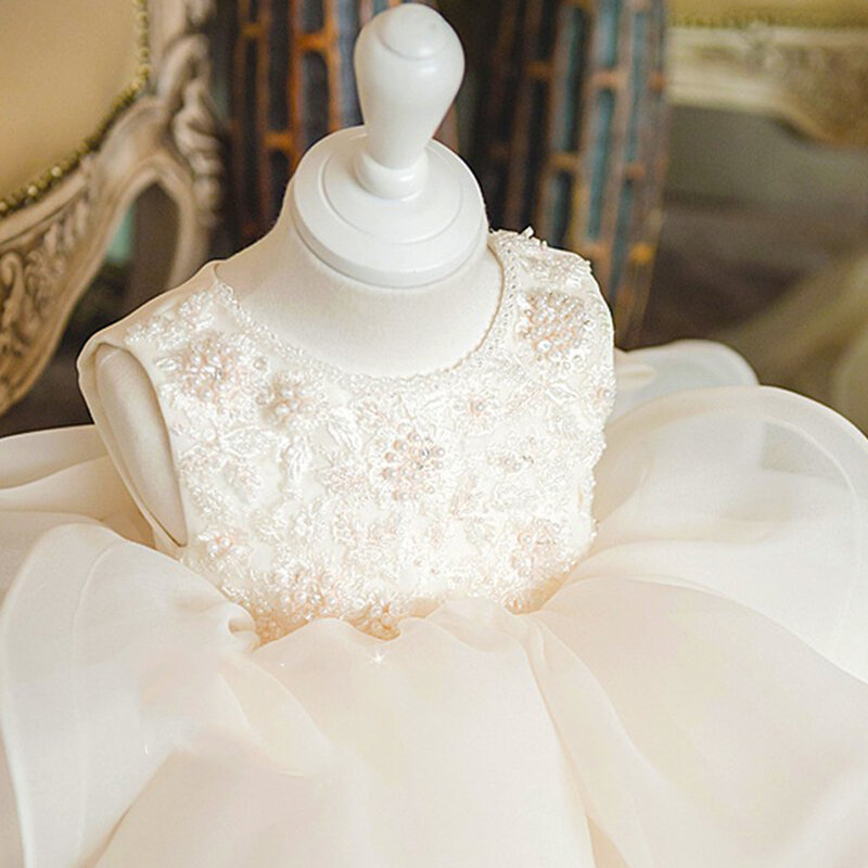 Vestido blanco elegante con cuello redondo para niña, vestido de princesa de lujo con lazo de satén para fiesta de cumpleaños, 2024