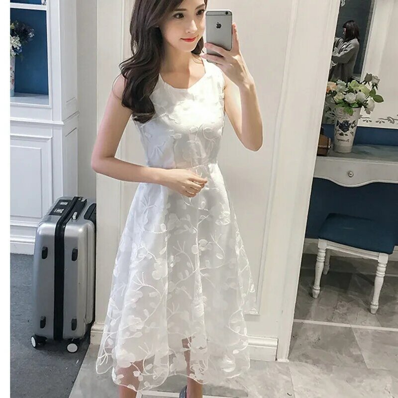 2024 koreańskie wydanie koronkowa sukienka wiosna/lato bez rękawów do połowy długości Slim Fit damska mała świeża sukienka eugena