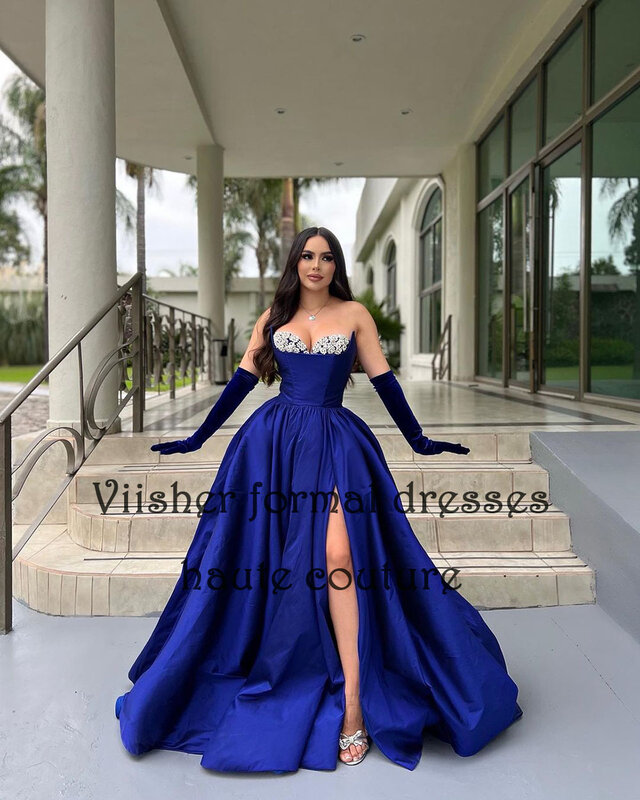Royal Blue Satin A Line Evening Party Dresses with Slit Beads Sweetheart Prom Dress for Women Evening Party Gowns Lace Up Back