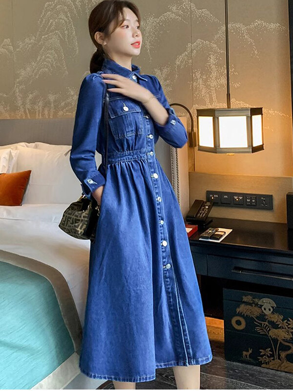 Женское джинсовое однобортное платье, повседневное длинное винтажное платье с отложным воротником и высокой эластичной талией, весна-осень 2023
