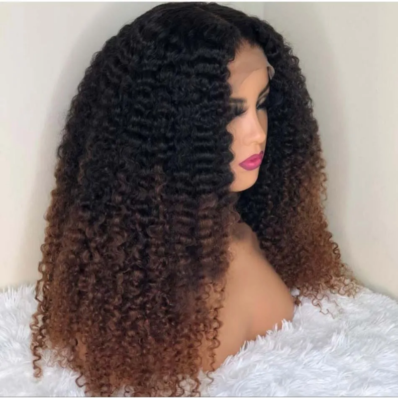 Long Kinky Curly Lace Front Wig para mulheres, Ombre Brown, 180 Densidade, Glueless Baby Hair, pré-arrancadas, resistente ao calor, peruca diária, 26"