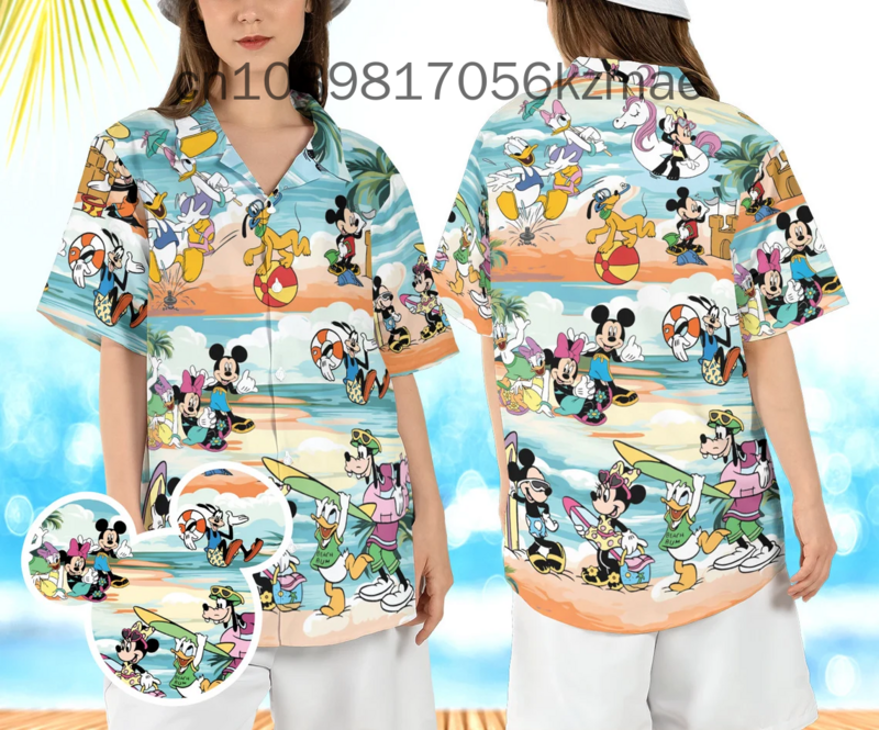 Camisa havaiana para homens e mulheres mickey mouse e amigos, manga curta, abotoar, disney, camisa de praia casual, verão