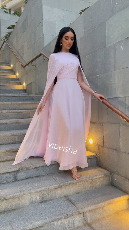 Gaun malam Prom pesta, baju acara Midi es bahan sifon Arab Saudi dengan leher rendah model lipit